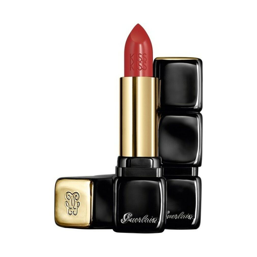 Rossetto rosso in custodia nera quadrata. Stelo dorato. Visibili "Kiss Kiss" e "Guerlain".