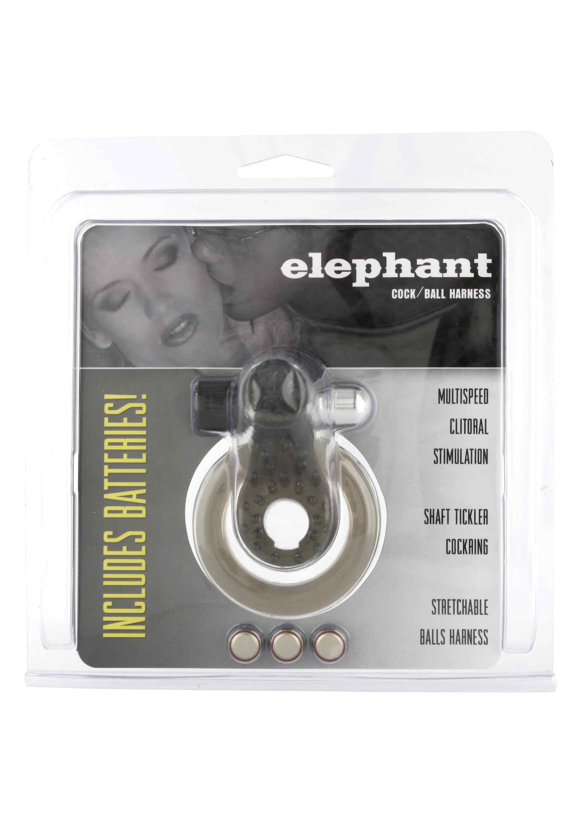 Anello per pene e testicoli trasparente Elephant in confezione blister. Include batterie. Scritte: Multispeed, Clitoral Stimulation, Shaft Tickler, Cockring, Stretchable Balls Harness.