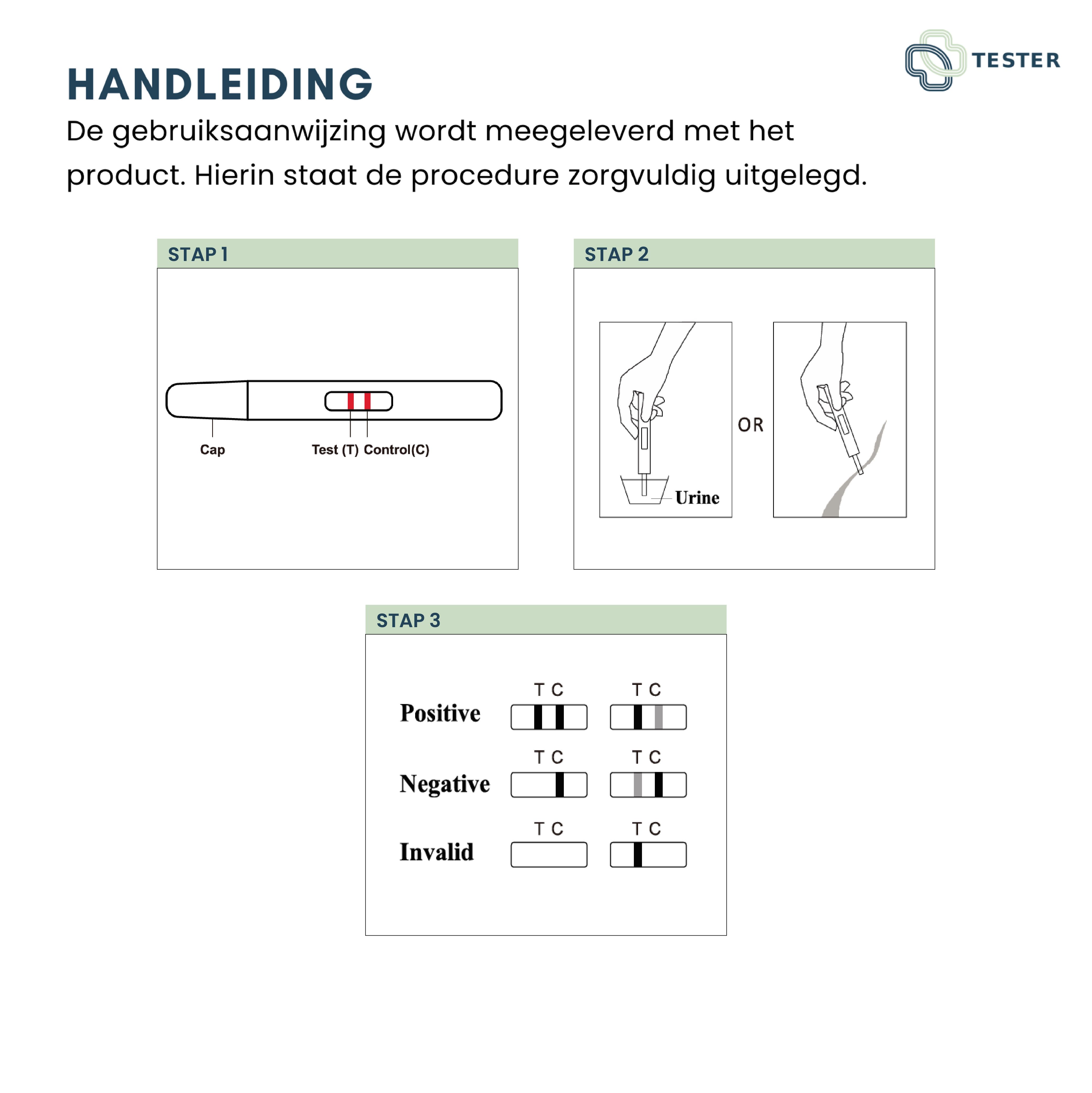 Istruzioni con illustrazioni. Fase 1: Striscia reattiva. Fase 2: Campione di urina. Fase 3: Visualizzazione dei risultati: Positivo, Negativo, Non valido. Logo: Tester.