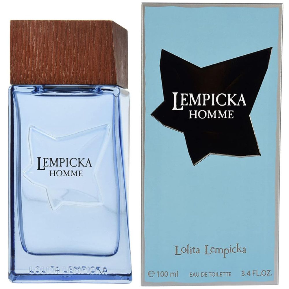 Flacone di profumo blu con tappo in legno e confezione. Scritta Lempicka Homme. Confezione con motivo a stella.