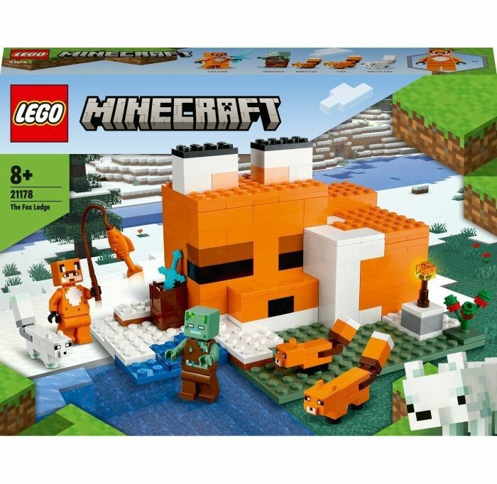 LEGO Minecraft 21178. Set Die Fuchs-Lodge. Edificio arancione e bianco. Personaggi: volpe, zombie, pesce. Confezione con logo e età consigliata.
