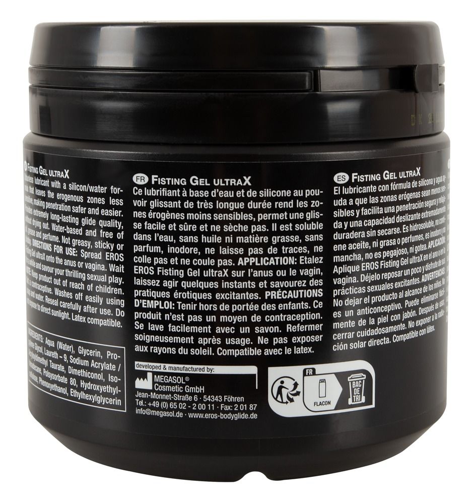 Contenitore nero con scritta EROS Ultra X Fisting Gel, marchio CE e elenco ingredienti.