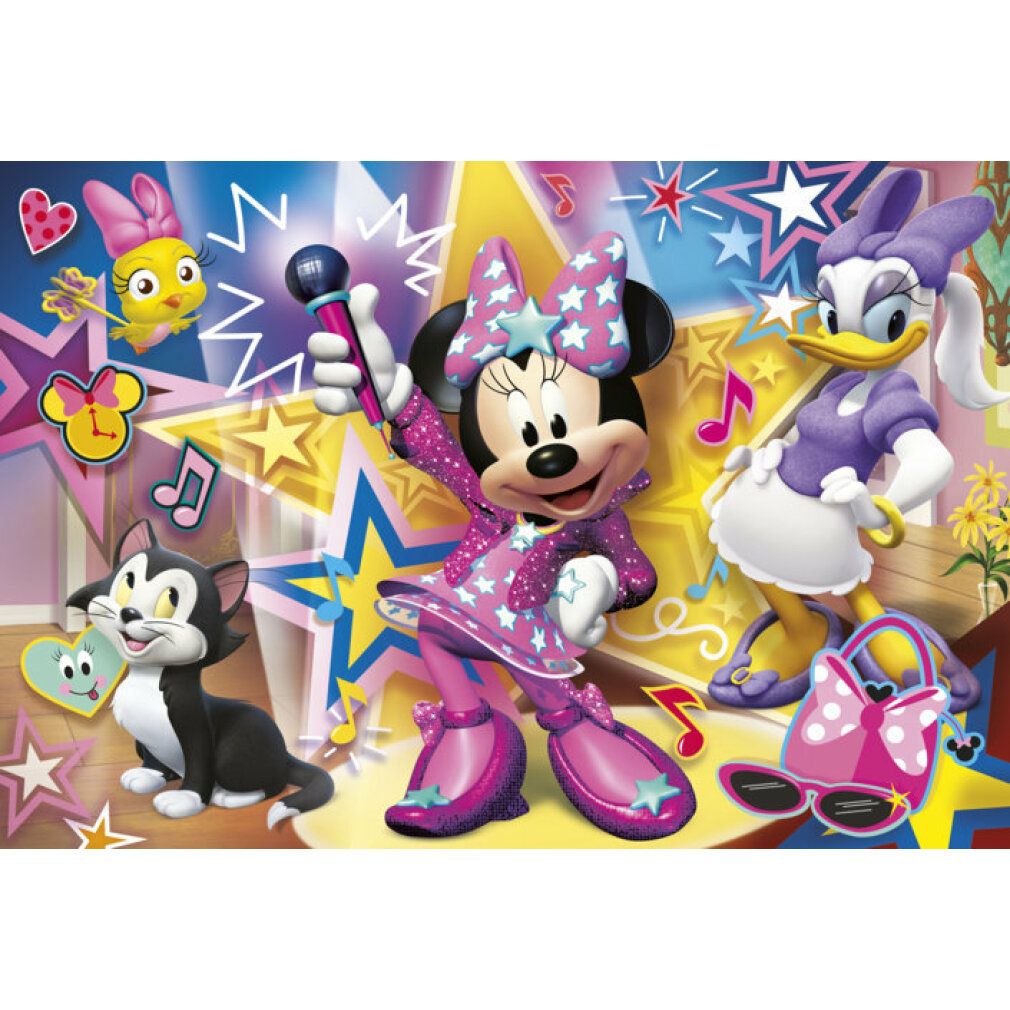 Puzzle con Minnie Mouse, Paperina e il gatto Figaro. 60 pezzi. Stelle e note. Rosa, viola e giallo.
