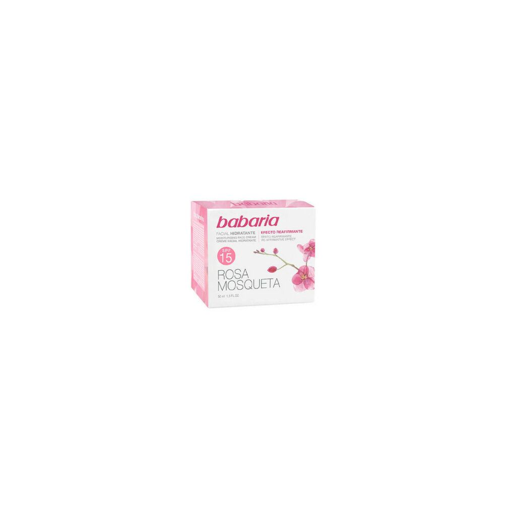 Scatola di crema Rosa Mosqueta con logo e nome del prodotto. Confezione rosa e bianca.