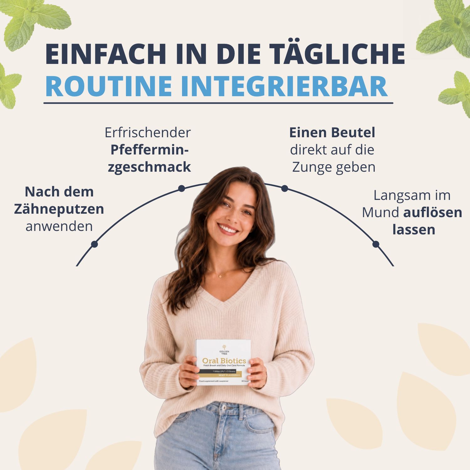 Una donna integra Golden Tree Oral Biotics nella sua routine quotidiana.