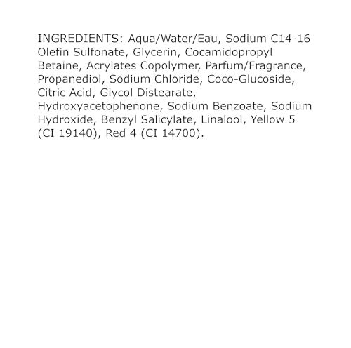 Testo con ingredienti: Aqua, Sodium C14-16 Olefin Sulfonate, Glycerin, Cocamidopropyl Betaine, etc.