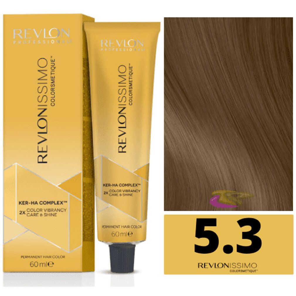 Revlon Revlonissimo Colorsmetique 5,3. Tubo e confezione. Ciocca di capelli color 5,3.