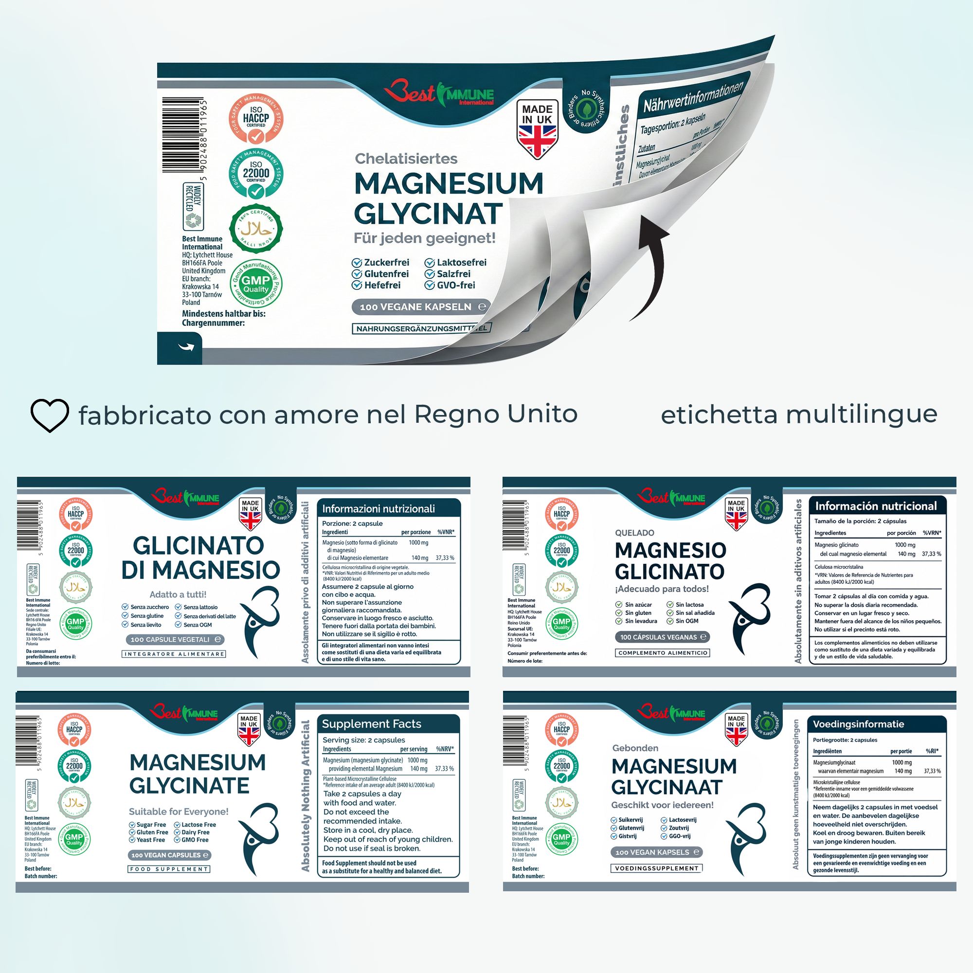 Flacone di magnesio glicinato con elenco degli ingredienti e dimensione della capsula (21.7mm), descrizione italiana.