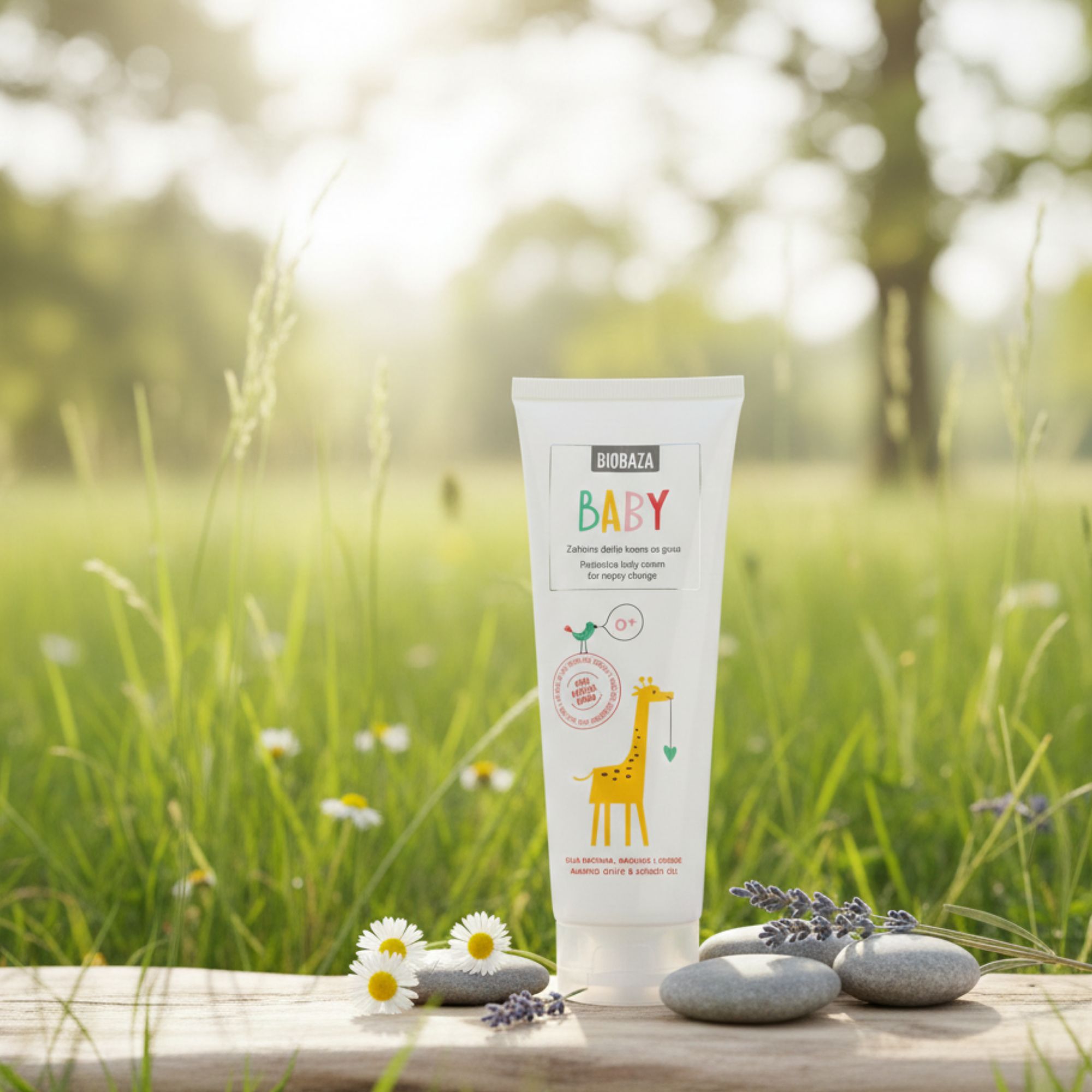Tubo bianco con scritta BABY e illustrazione di una giraffa. Appoggiato davanti a pietre e lavanda. Sullo sfondo, prato e fiori.