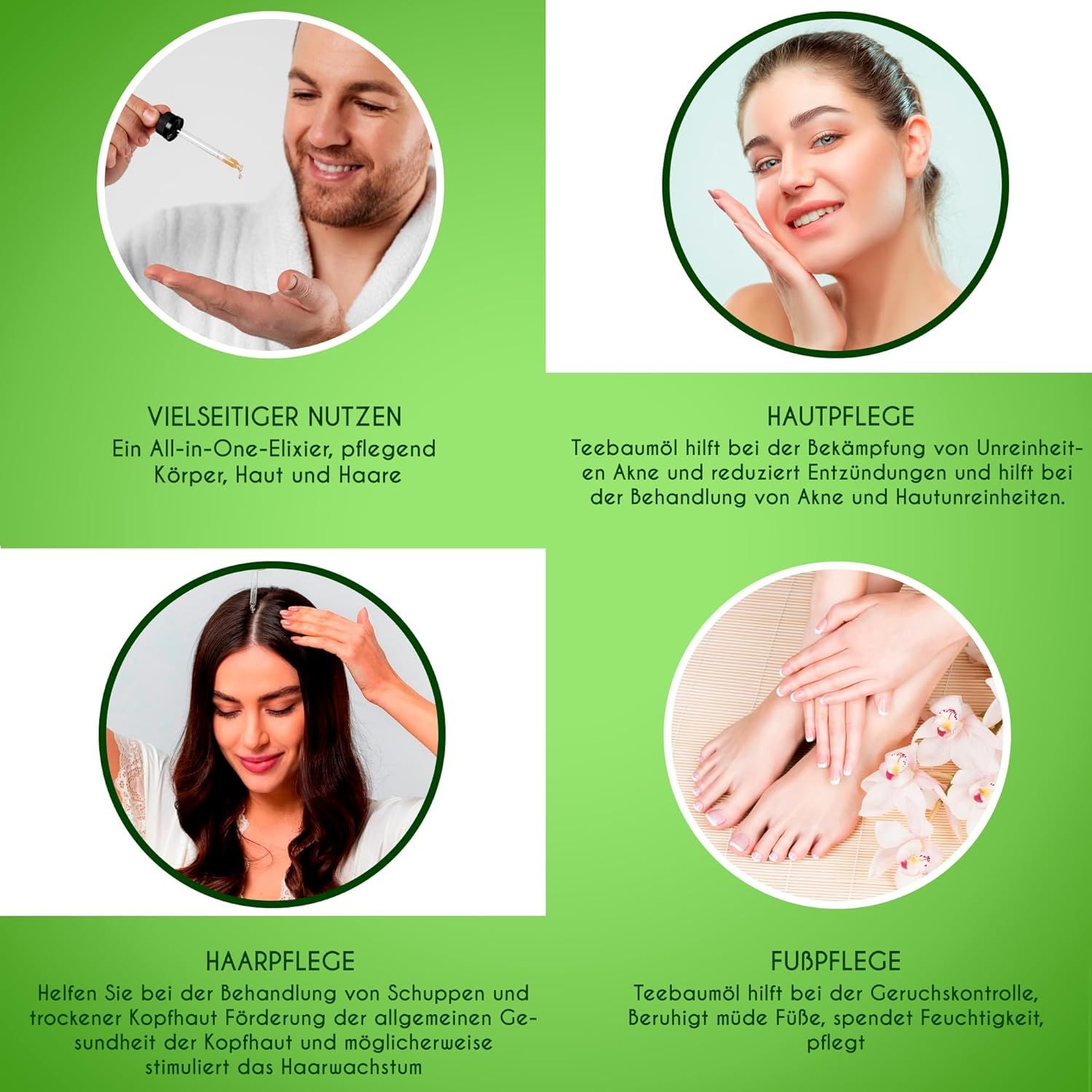 Quattro immagini con esempi di utilizzo di Kanzy Tea Tree Oil. Cura della pelle, dei capelli e dei piedi. Sfondo verde.