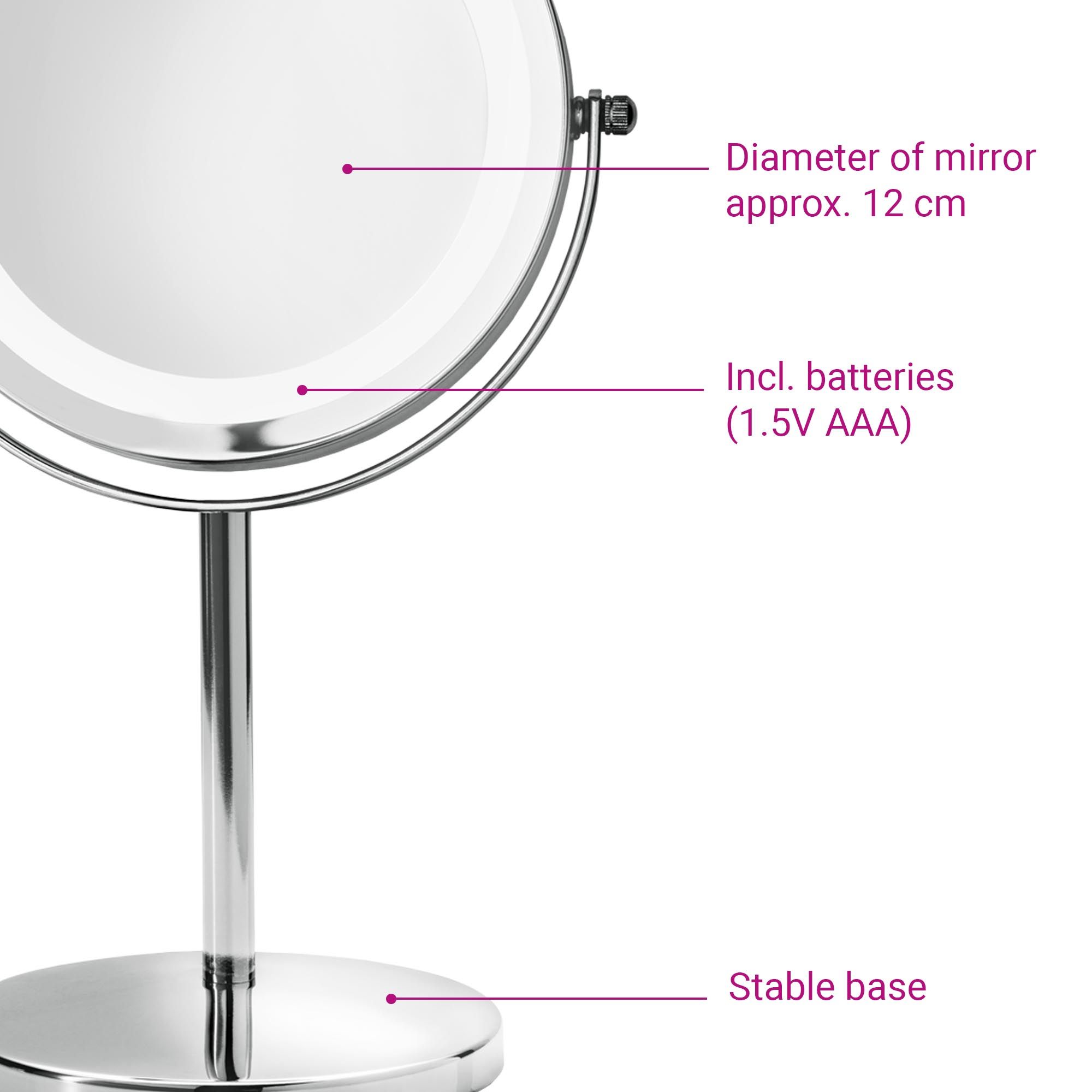 Specchio cosmetico con illuminazione a LED. Diametro circa 12 cm. Incl. batterie (1,5V AAA). Base stabile.