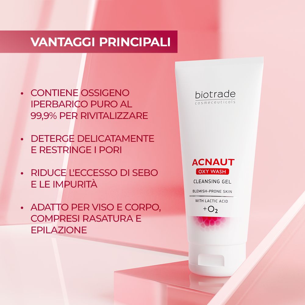 Tubo con testo rosso e nero. Scritta: ACNAUT OXY WASH CLEANSING GEL. Marchio: Biotrade. Sfondo: elementi rosa.