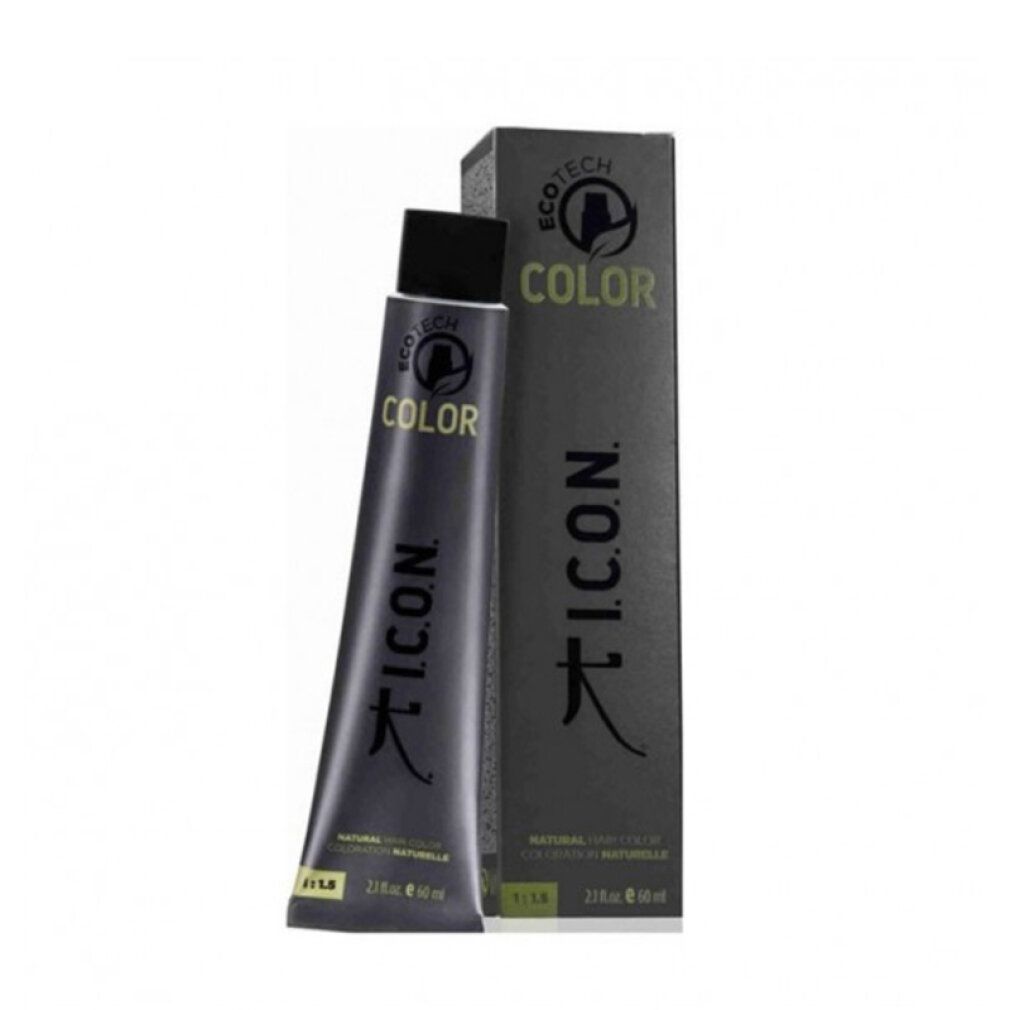 Tubo e confezione di tinta per capelli. Tubo con tappo nero. Confezione con logo e informazioni sul prodotto. I.C.O.N. COLOR.