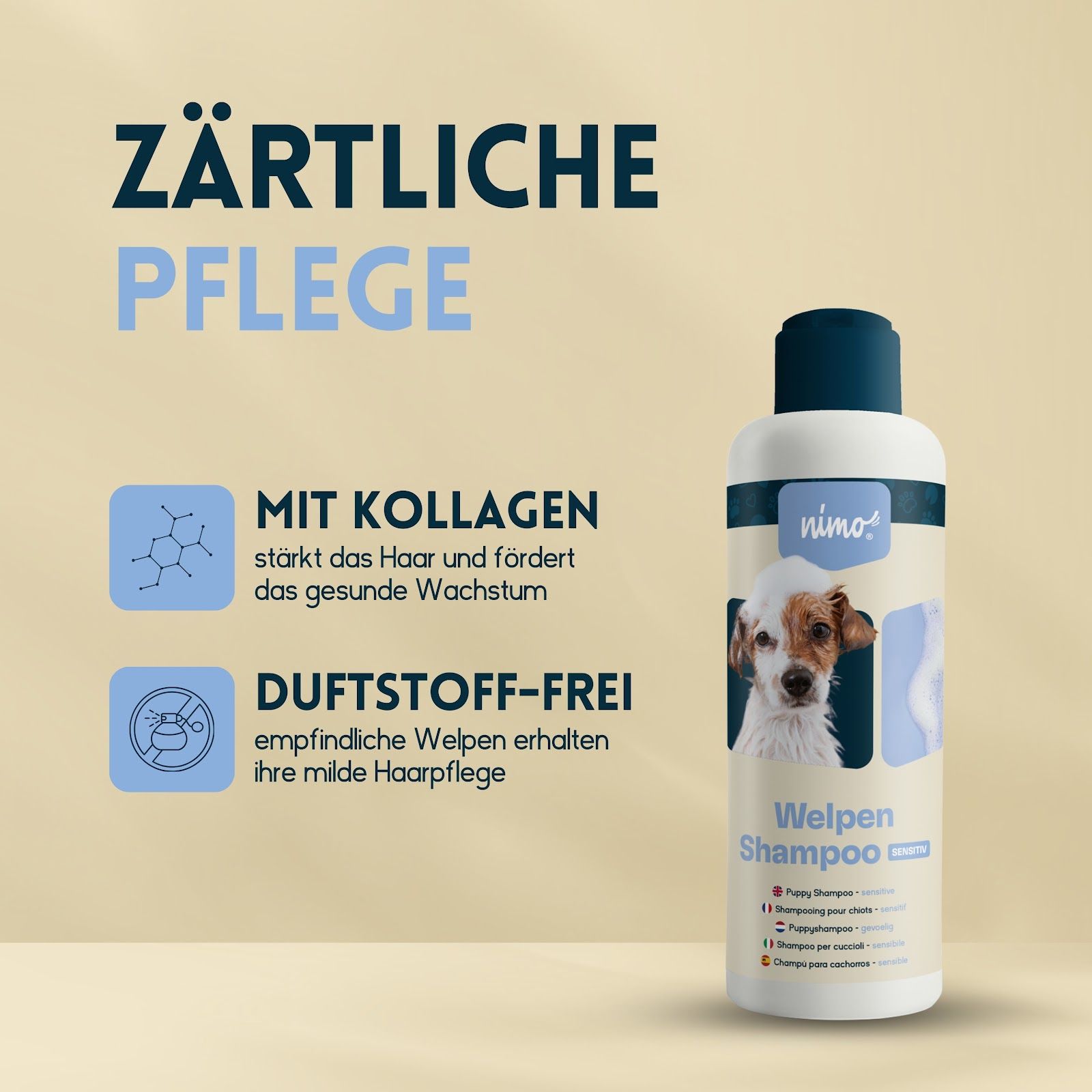 Flacone nimo Welpen Shampoo. Testo: Cura delicata, Con collagene, Senza profumo. Immagine di un cucciolo.