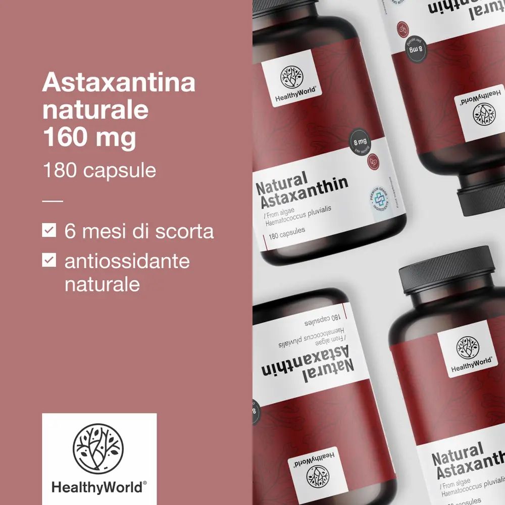 Diversi flaconi con capsule. Scritta: Astaxantina naturale 160 mg, 180 capsule. Marchio: HealthyWorld.
