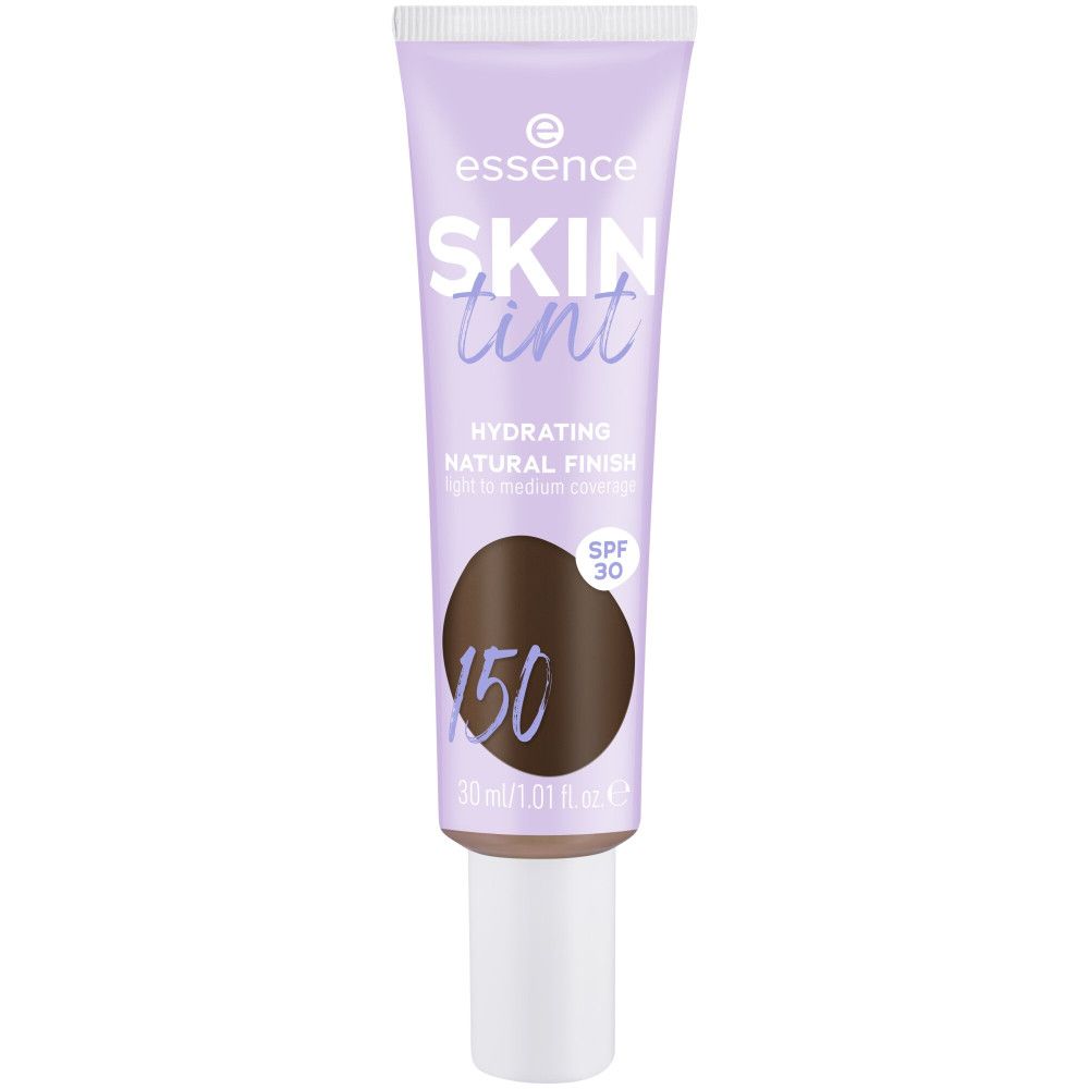 Tubo Skin Tint Foundation, tonalità 150, con SPF 30. Tubo lilla con tappo bianco. Testo: Skin Tint, Hydrating, Natural Finish.