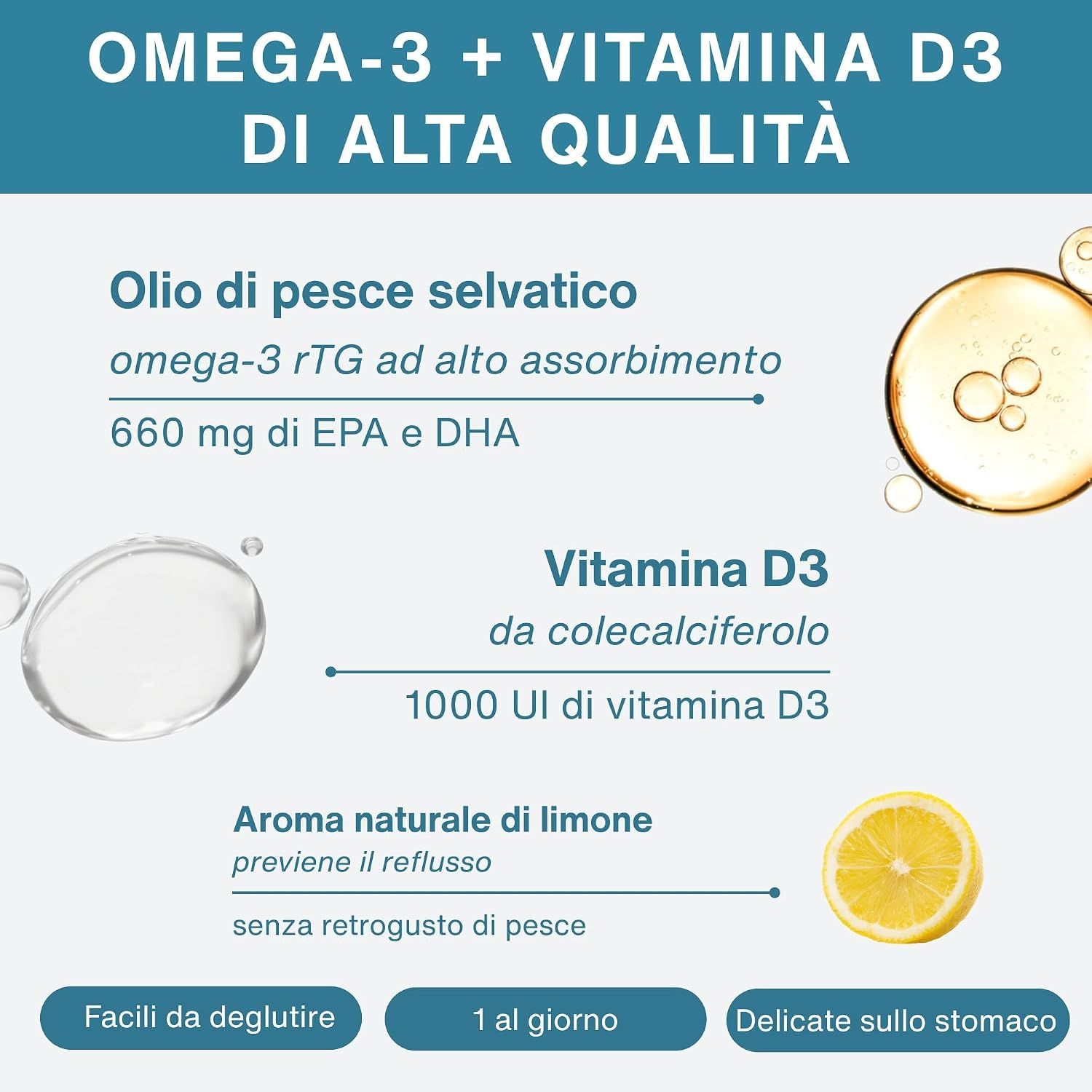 Omega-3 + Vitamina D3 di alta qualità. 660mg EPA/DHA, 1000 UI D3. Limone, facile da deglutire.