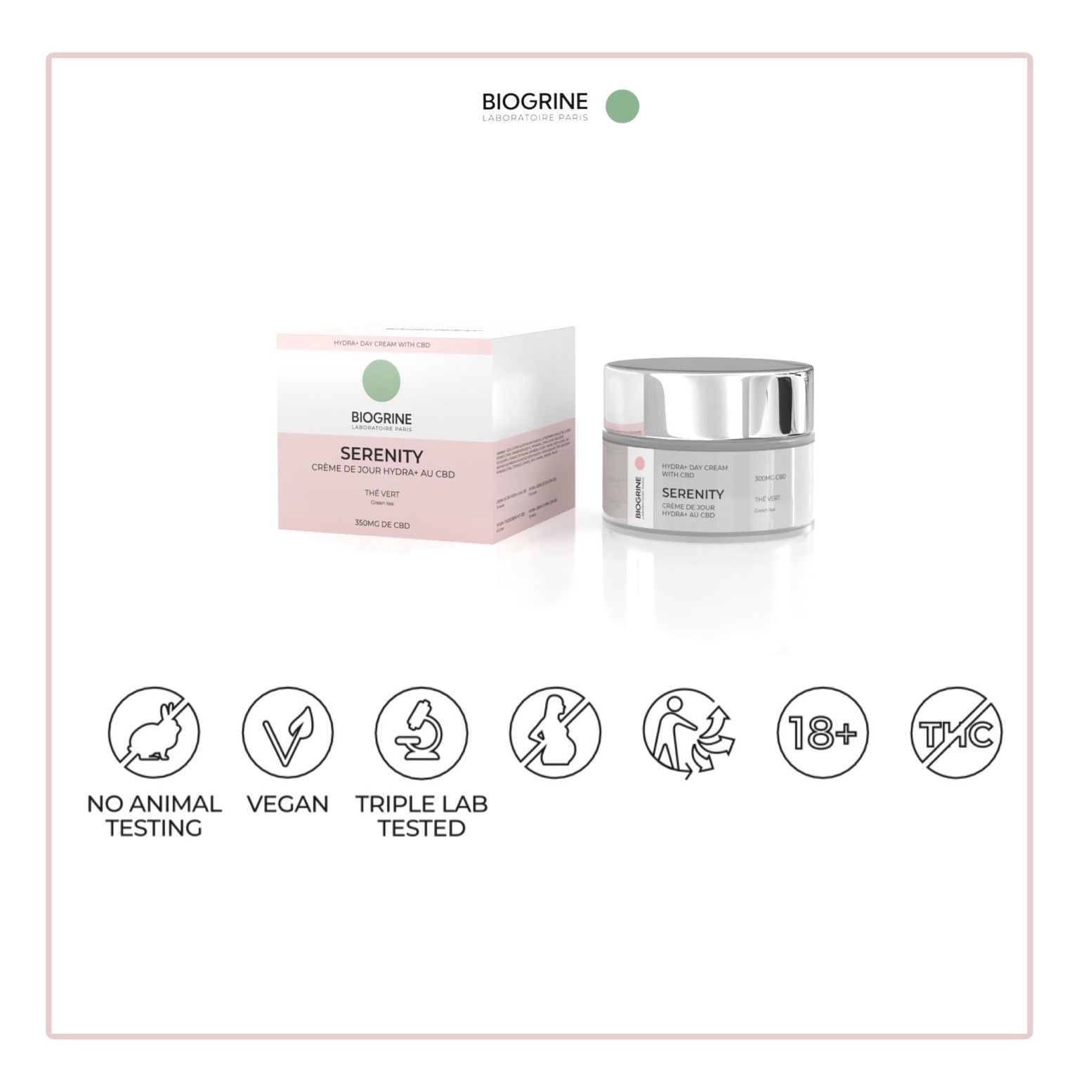 Vaso di crema e confezione. Loghi: Vegan, Triple Lab Tested, 18+, senza THC. Testo: Serenity.