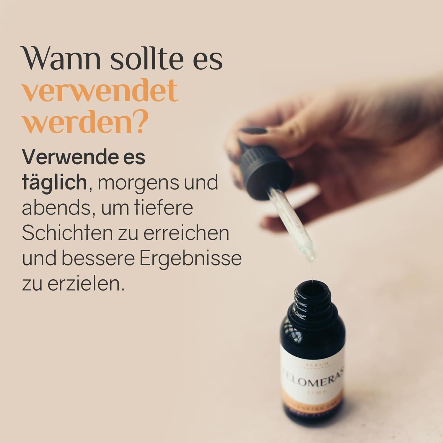 Mano che tiene il contagocce sopra il flacone di siero. Testo: Quando usarlo? Mattina e sera.