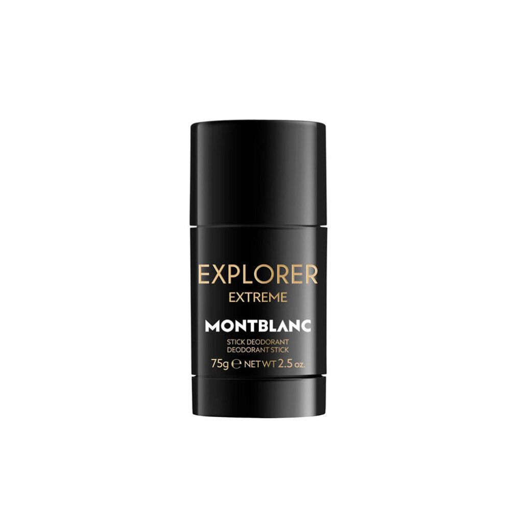 Deodorante stick Montblanc Explorer Extreme. Cilindro nero con scritta dorata. Nome prodotto e peso.