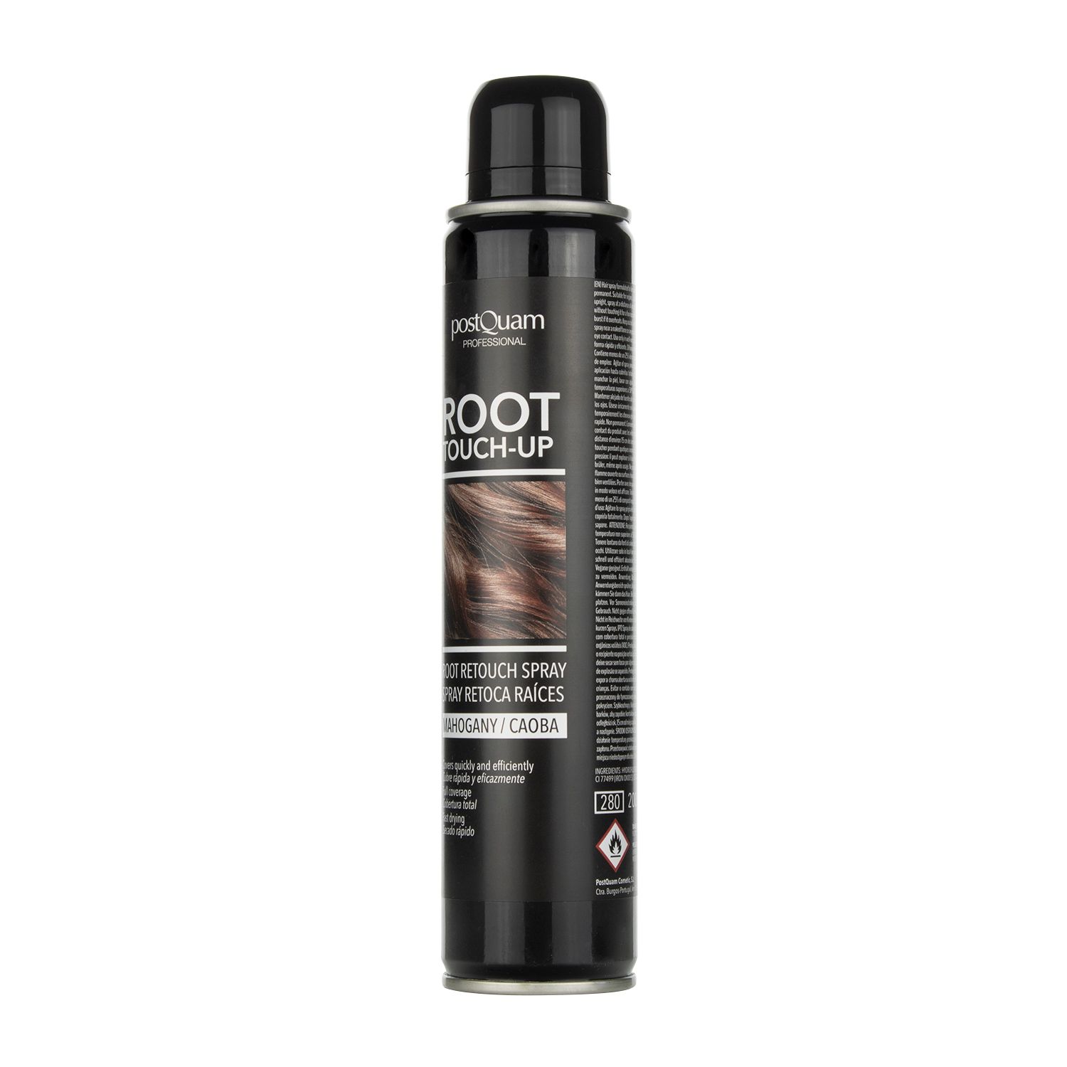 Flacone spray nero "Postquam Root Touch-Up Mahagoni". Etichetta con nome e colore. Vista obliqua.
