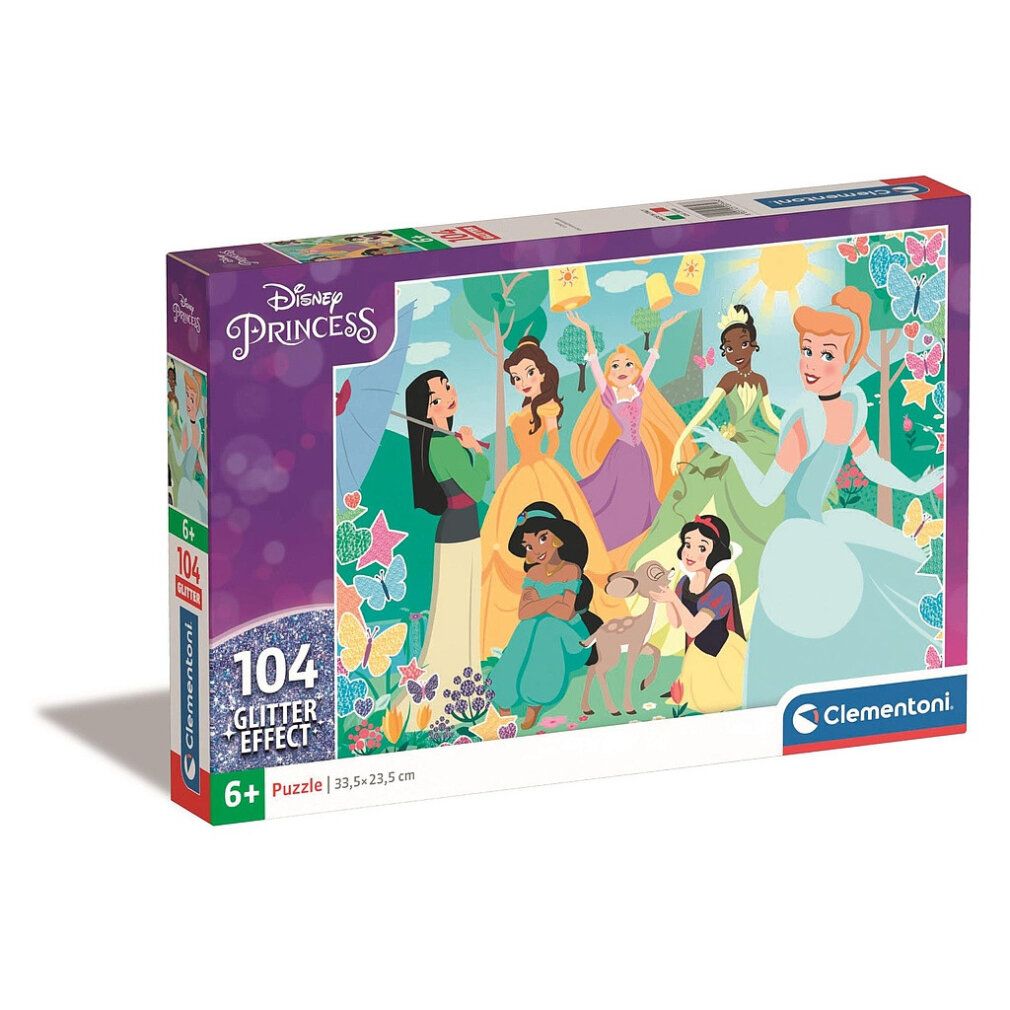 Scatola puzzle con motivo Principesse Disney. Contiene 104 pezzi. Marchio Clementoni. Per bambini dai 6 anni in su. Dimensioni: 33,5 x 23,5 cm. Effetto glitter.
