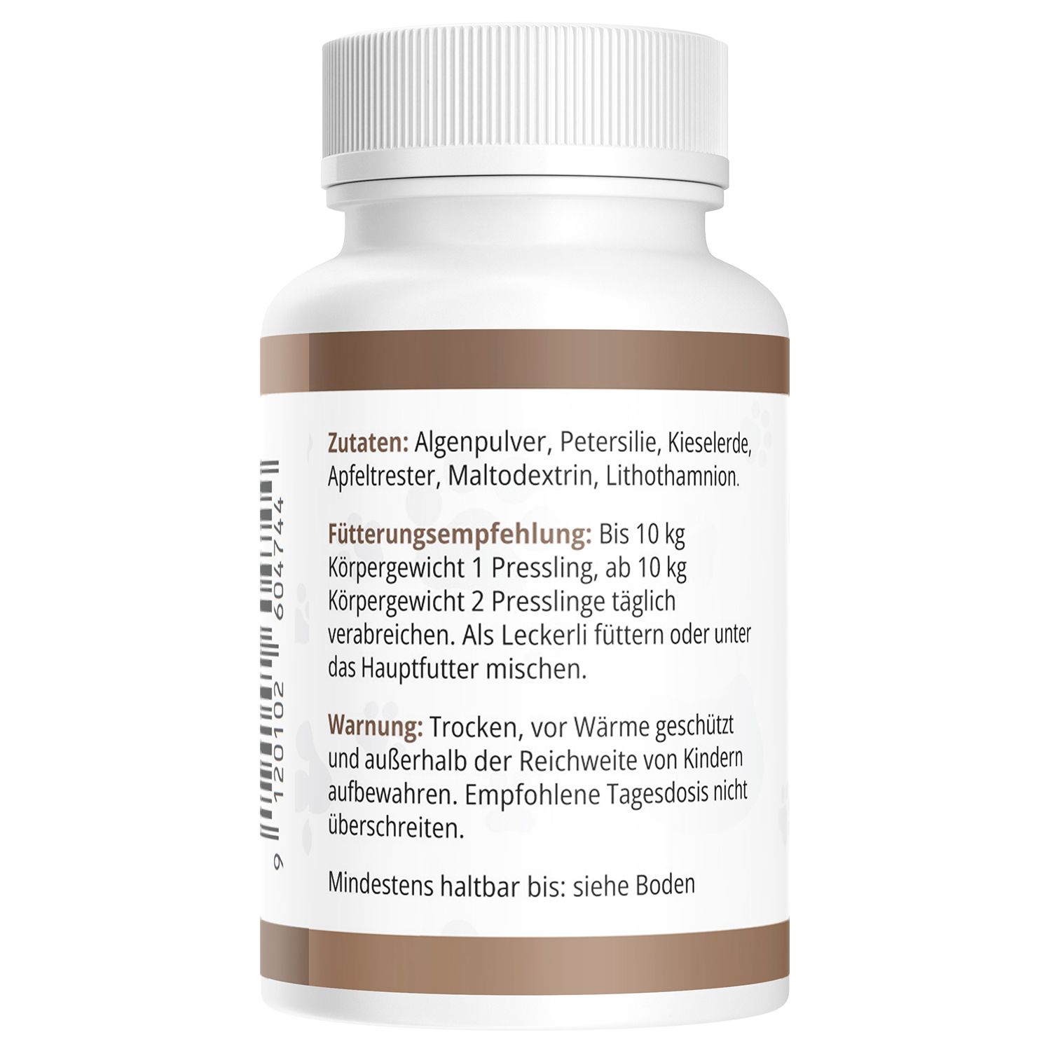 Retro di un flacone bianco con etichetta marrone. Elenco ingredienti, raccomandazioni per l'alimentazione e avvertenza.