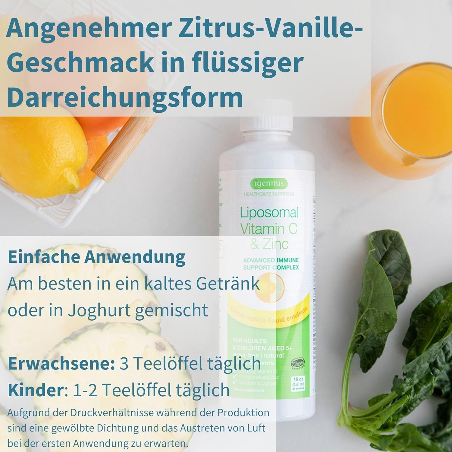 Flacone del prodotto e bicchiere. Testo: Al gusto di agrumi e vaniglia in forma liquida. Uso: Mescolare in bevanda fredda o yogurt.