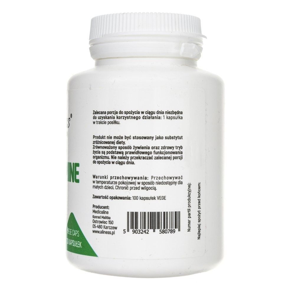 Retro di una confezione di capsule Aliness L-Glutammina con istruzioni per l'uso e informazioni sul produttore.