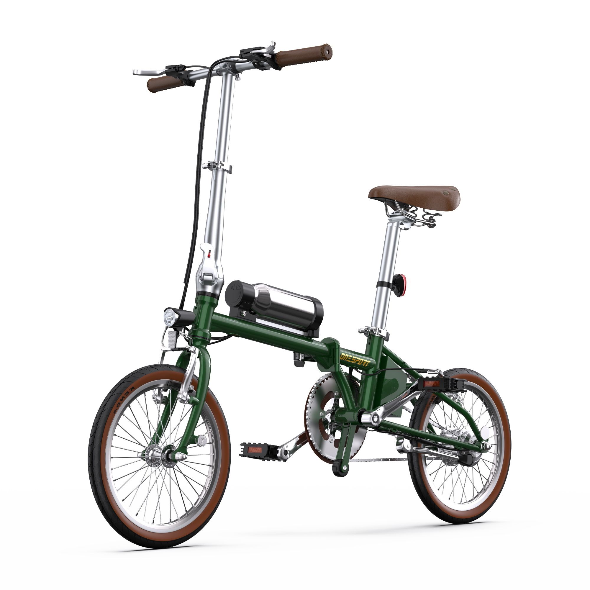 E-bike pieghevole verde, pneumatici e sella marroni. Batteria e faro visibili. Ruote da 16 pollici.