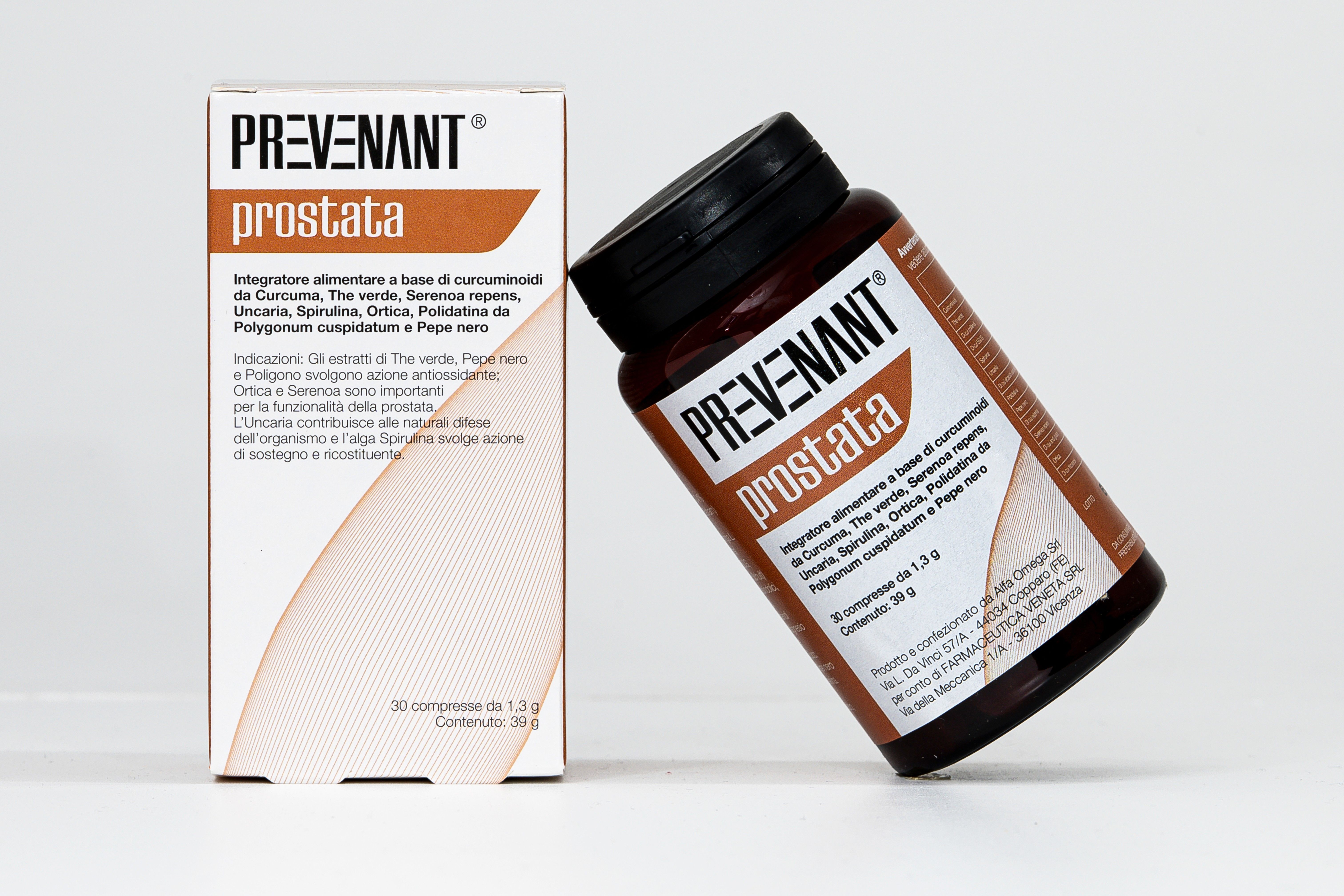 Scatola e flacone di PREVENANT Prostata. Flacone marrone, scatola bianca e arancione. Testo: PREVENANT, Prostata, 30 compresse.