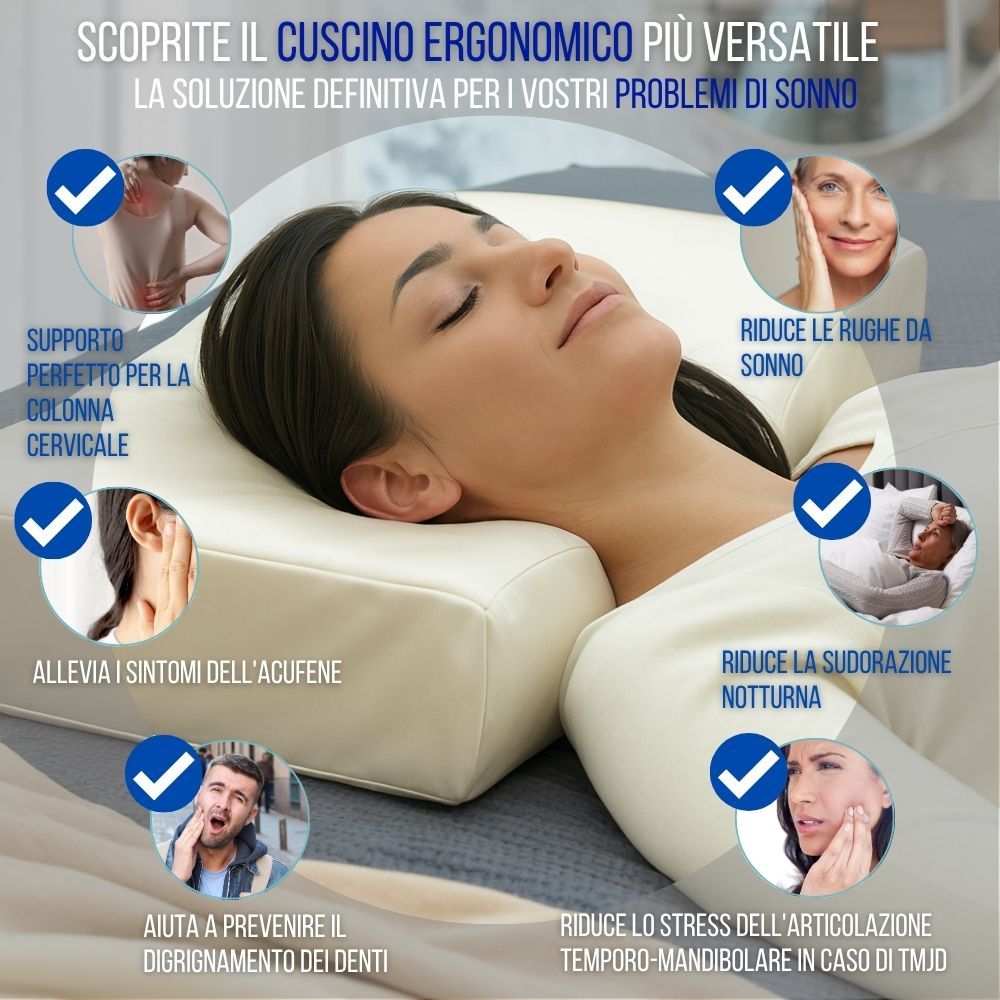 Donna sdraiata su un cuscino ergonomico. Testo e icone. Testo: Scoprite il cuscino ergonomico.