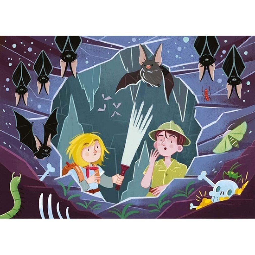 Puzzle Clementoni Avventura 2x20 pezzi. Puzzle con motivo grotta, pipistrelli, bambini, ossa e insetti. Illustrazione scura e colorata.
