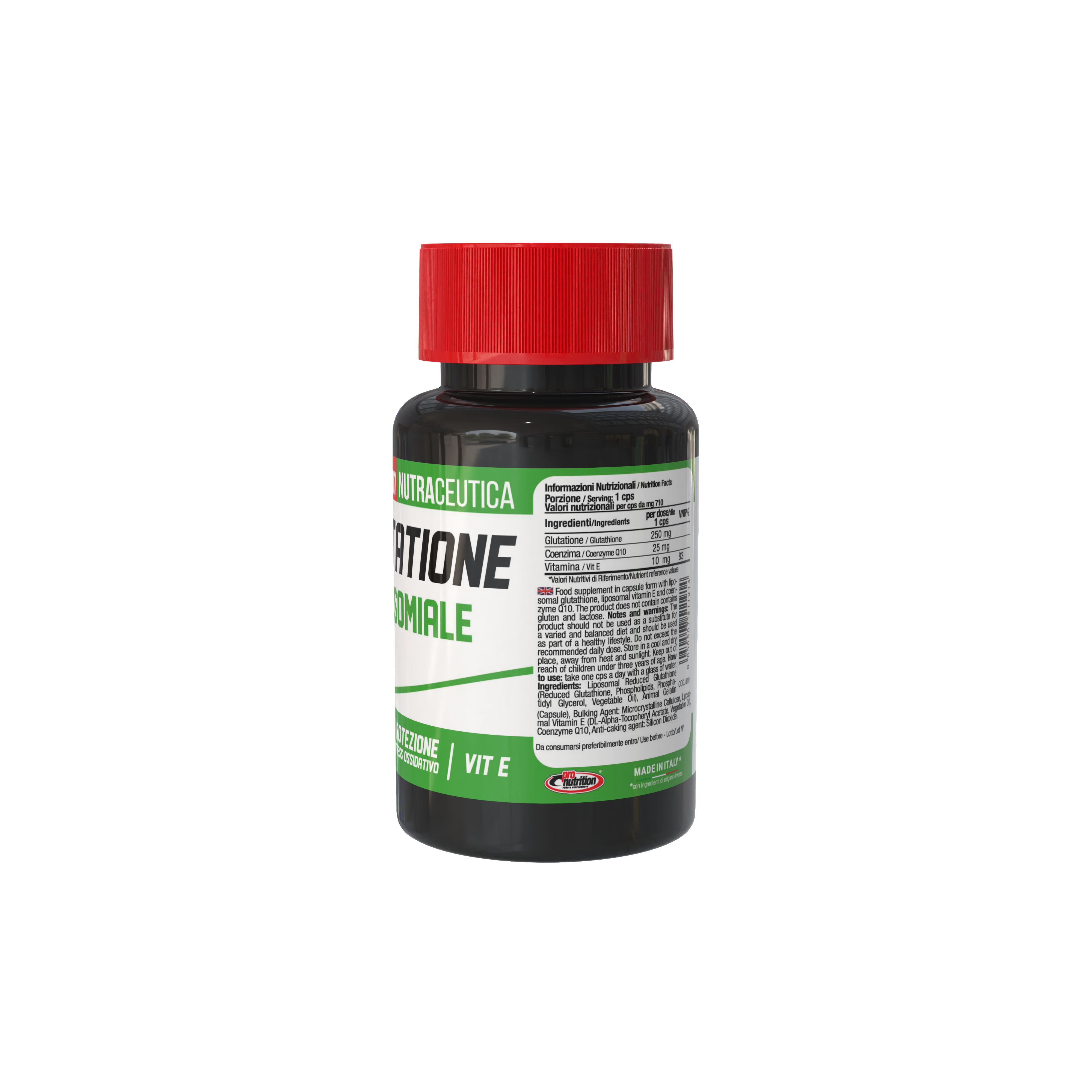 Flacone scuro con tappo rosso. Scritta: Pronutrition Glutatione Liposomiale, Vitamina E. Etichetta verde e bianca.