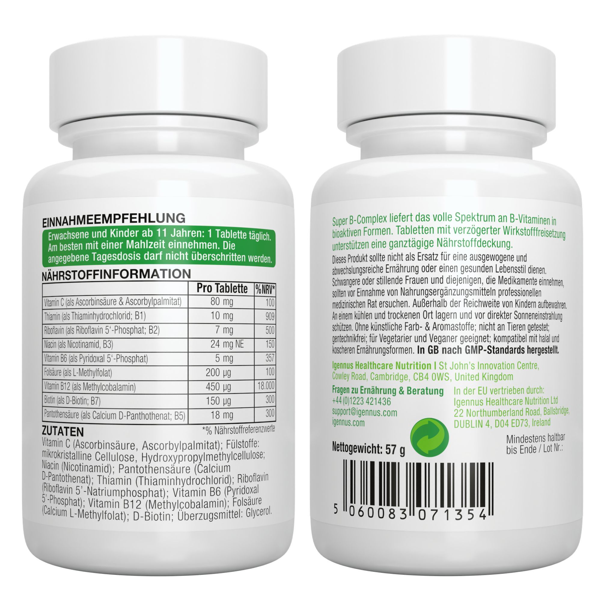 Fronte e retro di un flacone Igennus Super B-Komplex con informazioni nutrizionali e dosaggio.