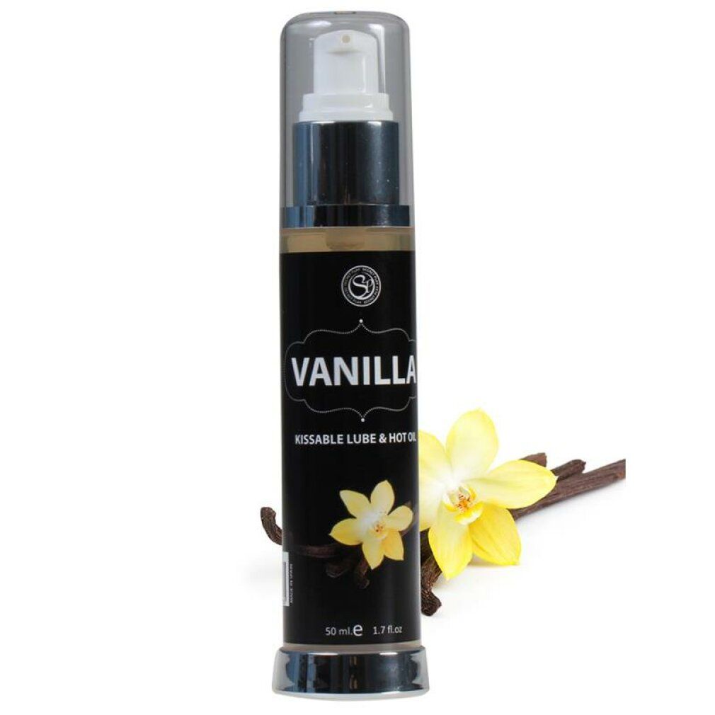 Flacone nero con tappo argentato. Scritta: VANILLA, KISSABLE LUBE & HOT OIL. Marca: Secret Play. 50 ml. Con vaniglia.
