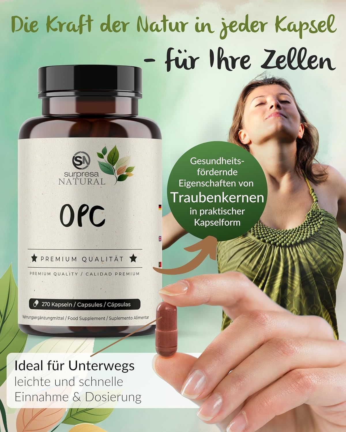 Donna tiene una capsula accanto al flacone 'OPC'. Testo: 'Gesundheitsfördernde Eigenschaften von Traubenkernen'.