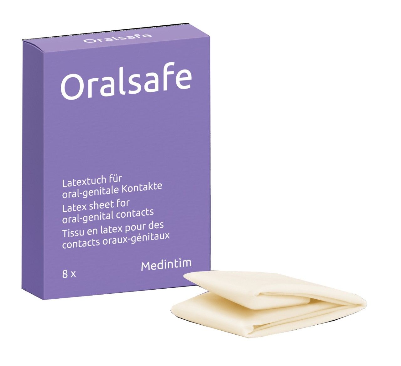 MedIntim OralSafe Vaniglia Foglio in lattice per contatti orali-genitali, 8 pezzi, con un foglio accanto.