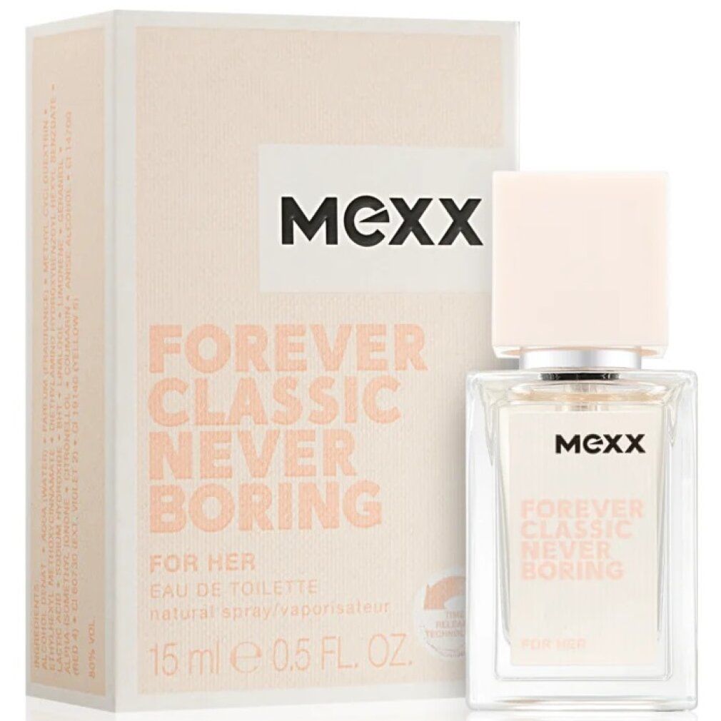 Flacone e confezione. Flacone quadrato, tappo rosa chiaro. Confezione con scritta: MEXX, Forever Classic Never Boring.