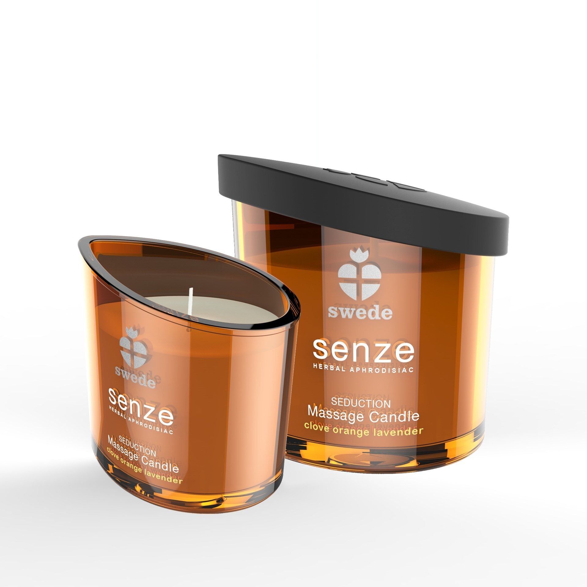 Due candele da massaggio. Scritta: swede, senze, Seduction, Massage Candle, Clove Orange Lavender. Una con coperchio, una senza.