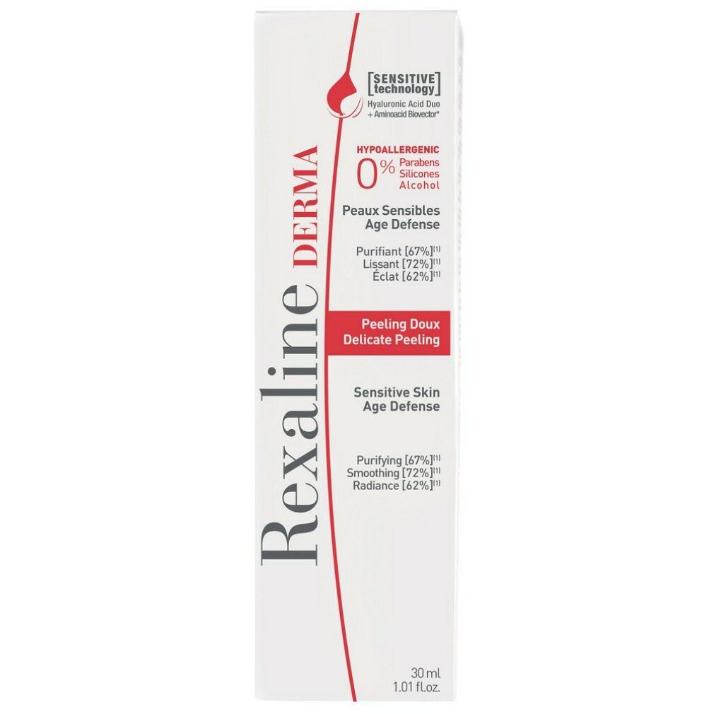 Confezione in cartone con scritta: Rexaline Derma. Pelli sensibili. Ipoallergenico. Peeling Doux. Age Defense. 30 ml.