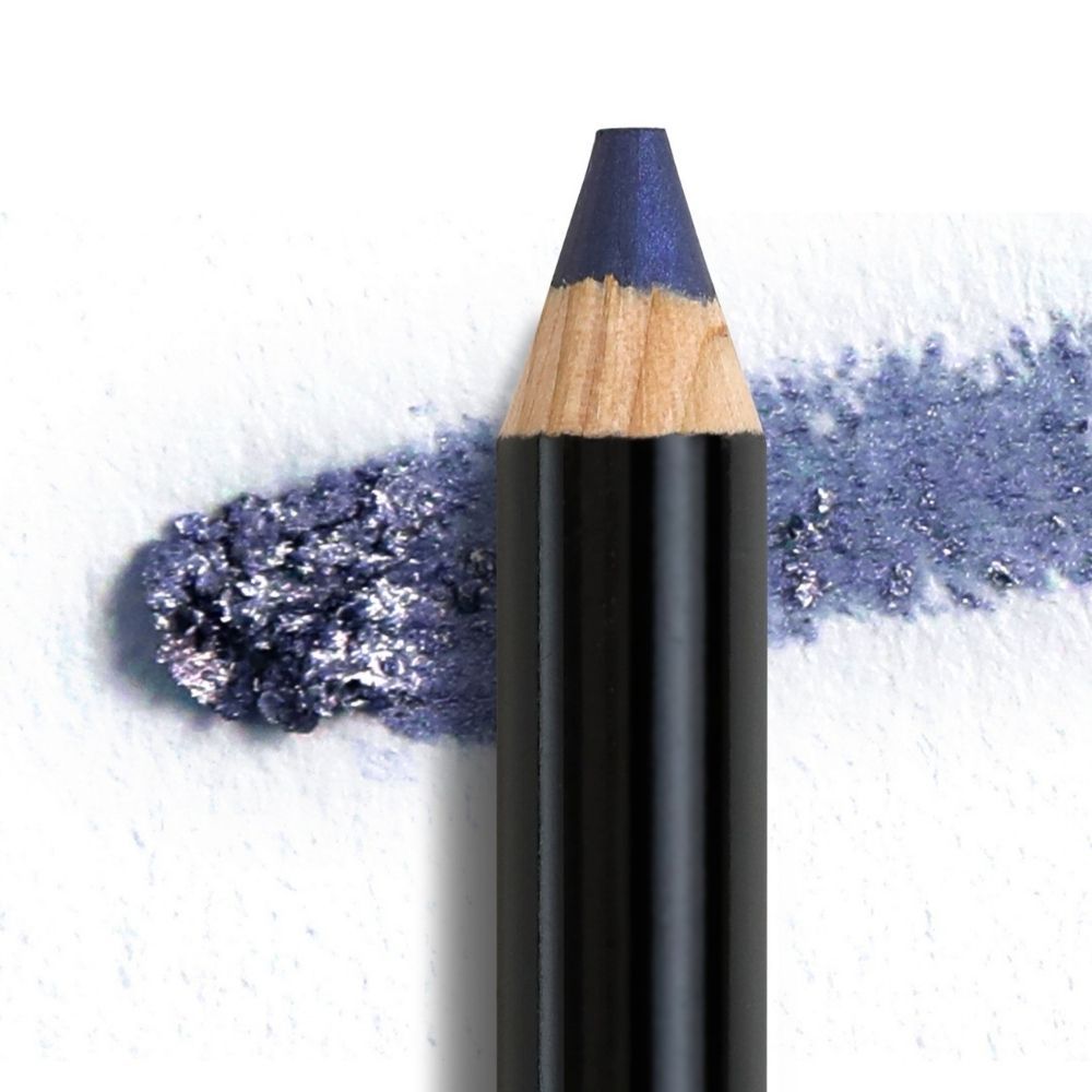 Matita occhi blu. Punta e campione di colore. Fusto nero. Legno visibile.