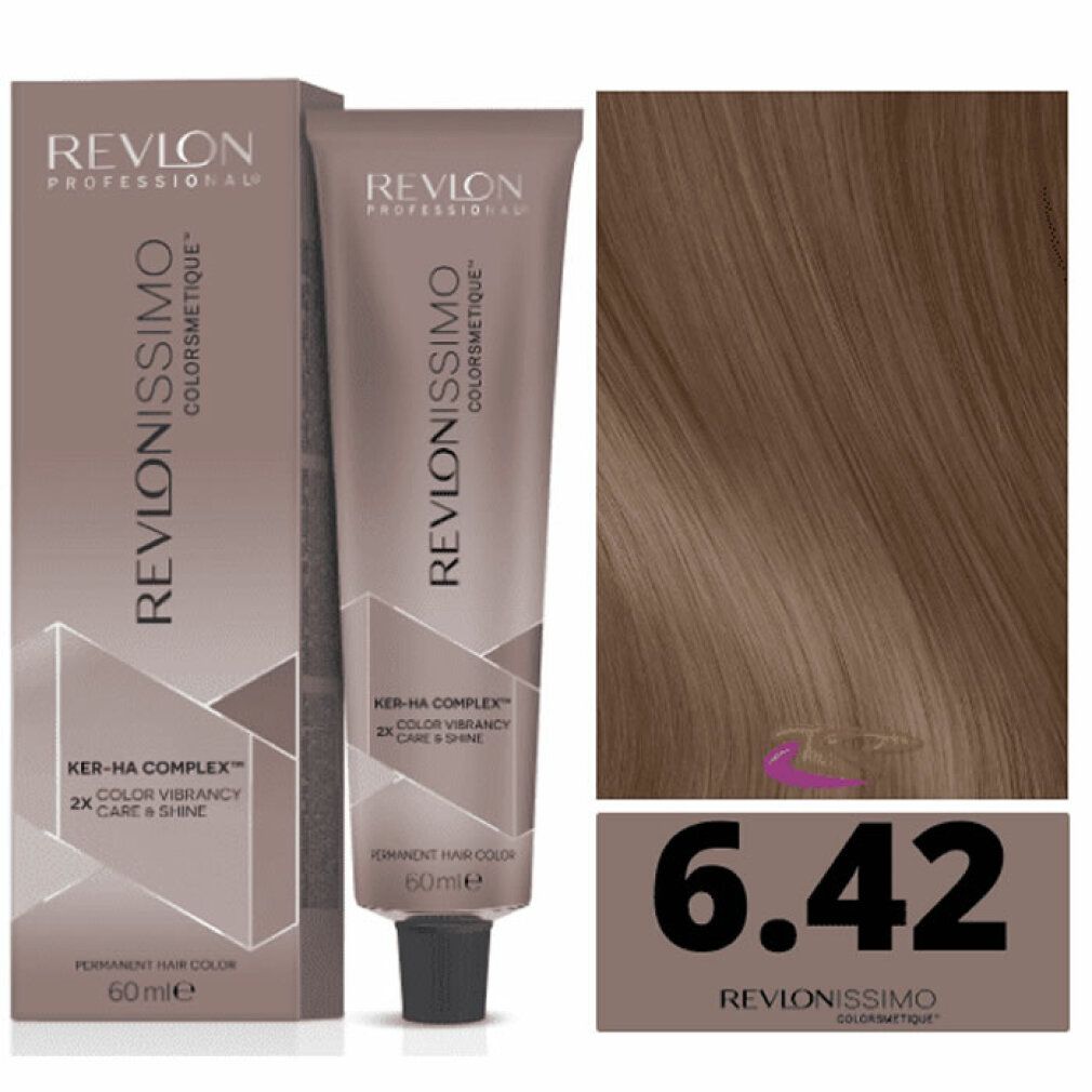 Tinta per capelli Revlonissimo Colorsmetique High Coverage 6,42. Tubo, scatola e campione colore. 60ml. Tonalità 6.42.