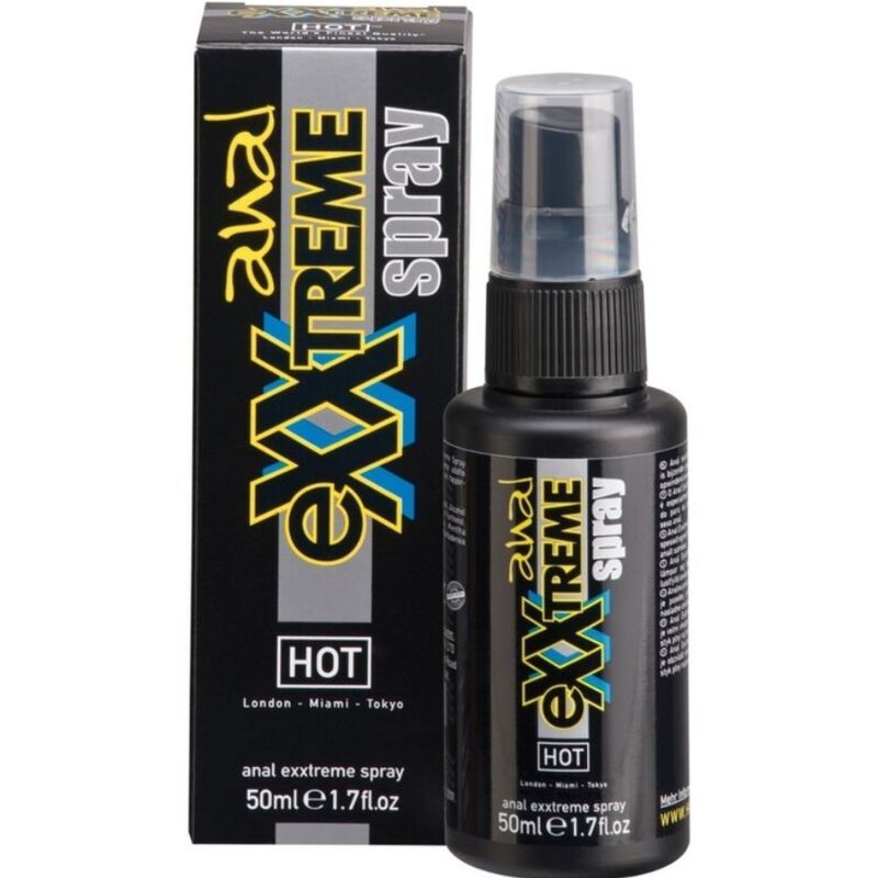 Flacone nero e confezione con nome e logo del prodotto. Testina spray. Testo: HOT, anal exxtreme spray, 50ml e1.7 fl.oz.