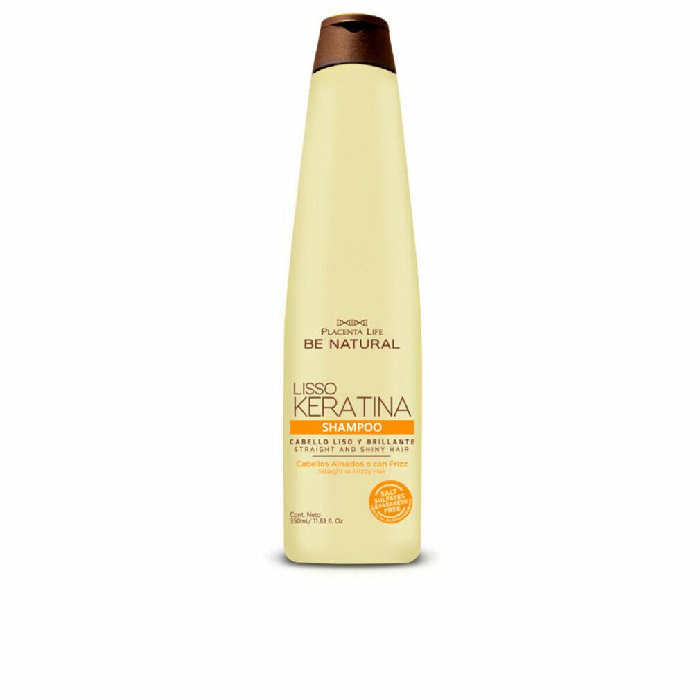 Flacone di shampoo beige con tappo marrone. Scritta: Lisso Keratina Shampoo. Etichetta arancione.