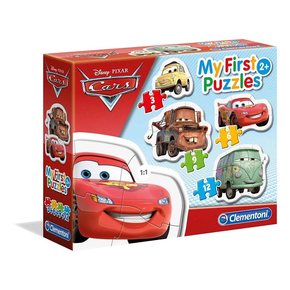 Scatola puzzle Clementoni con 4 puzzle. Ogni puzzle raffigura un'auto del film Cars. Puzzle da 3, 6, 9 e 12 pezzi.