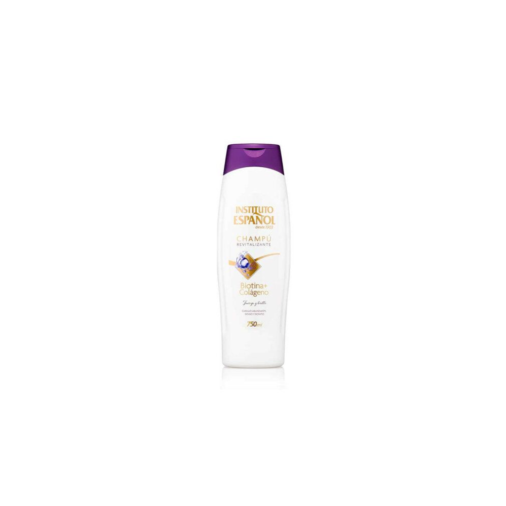 Flacone di shampoo bianco con tappo viola. Scritta: Instituto Español, Champú Revitalizante, Biotina + Collagene.