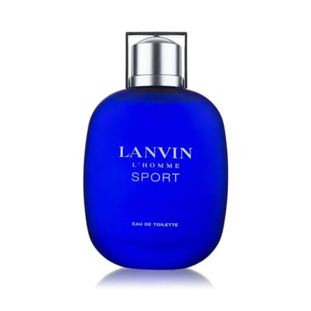 Flacone blu con tappo argentato. Scritta: LANVIN L'HOMME SPORT. Eau de Toilette.