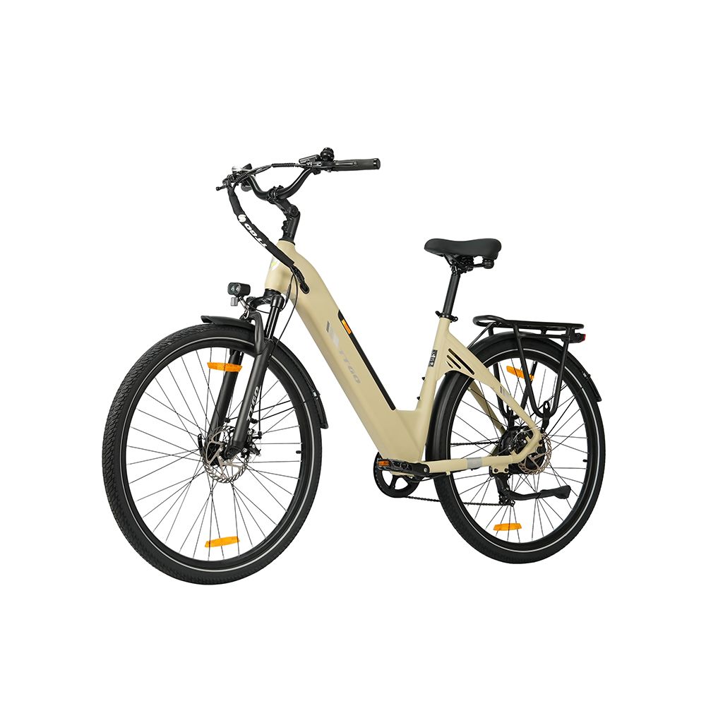 Bicicletta elettrica beige con pneumatici neri, portapacchi e parafanghi. Sella e manubrio neri. Illuminazione.