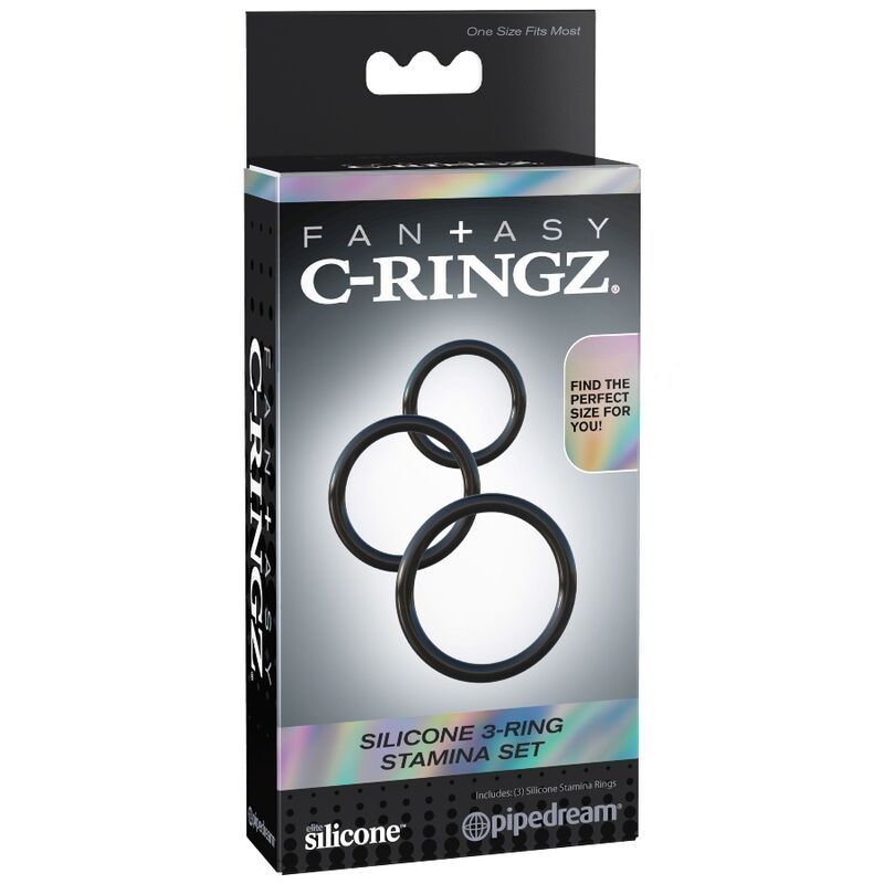 Confezione di tre anelli neri in silicone. Testo: Fantasy C-Ringz, Silicone 3-Ring Stamina Set.
